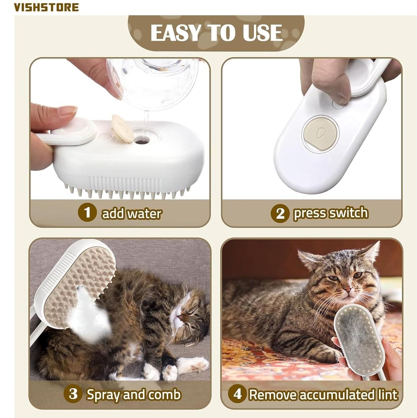Steam-Infused Pet Grooming Brush, USB Rechargeable Steam Pet Brush.