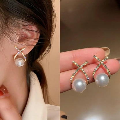 BlushMint Korean Studded Cross Pearl Stud Earrings