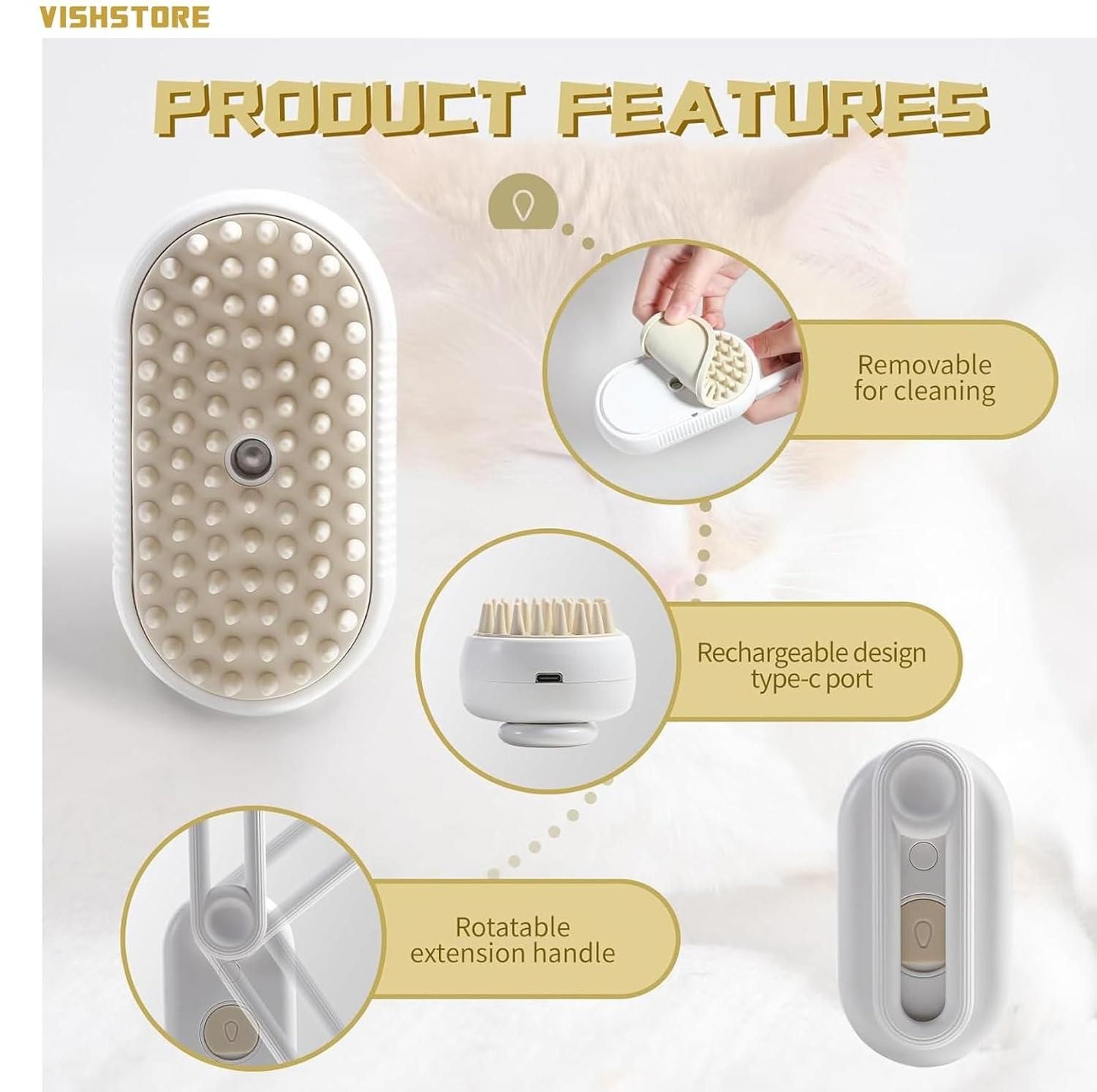 Steam-Infused Pet Grooming Brush, USB Rechargeable Steam Pet Brush.