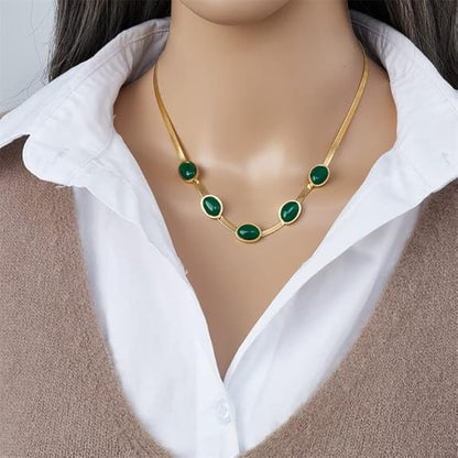 BlushMint Oval Green Crystal Pendant Necklace Set With Bracelet