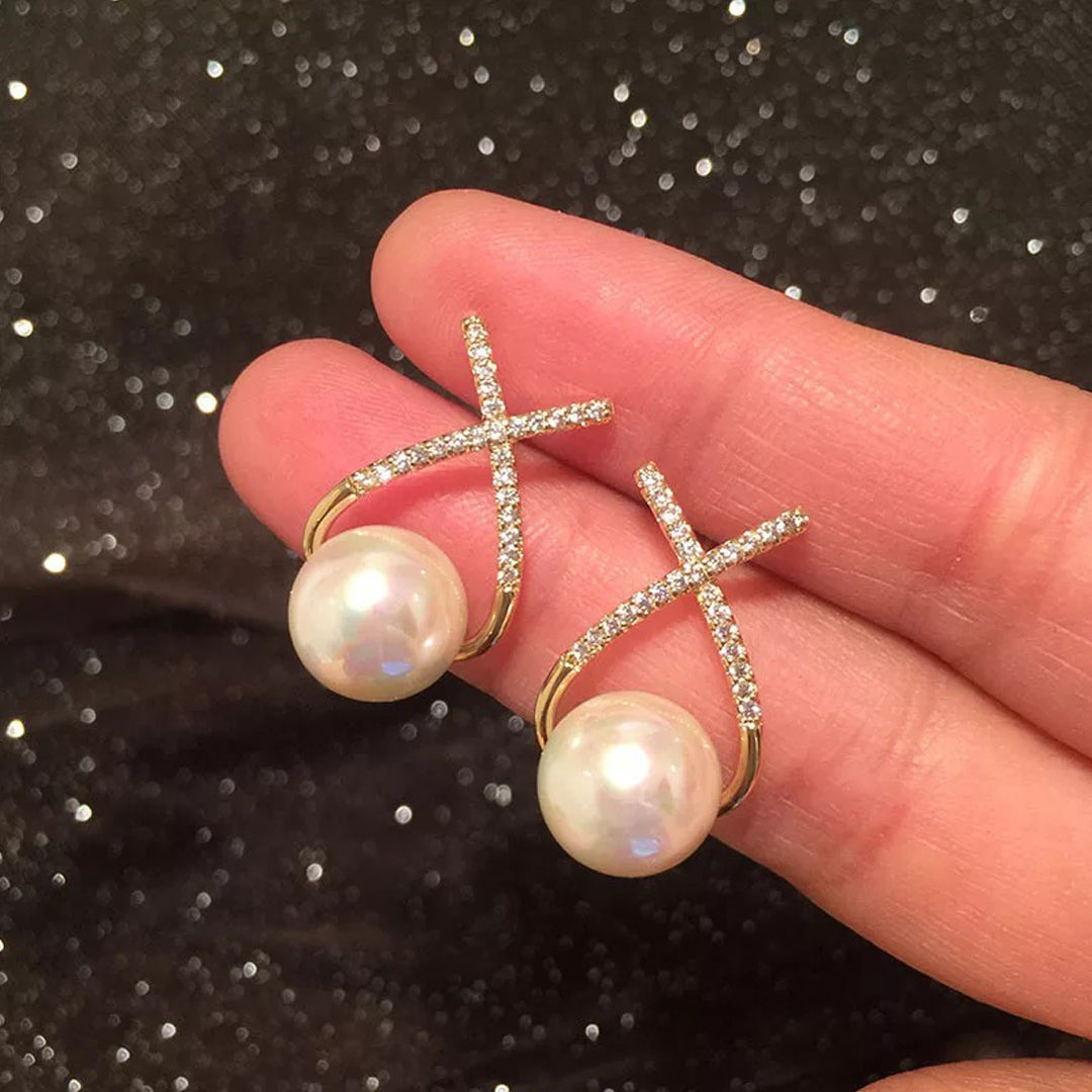 BlushMint Korean Studded Cross Pearl Stud Earrings