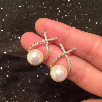BlushMint Korean Studded Cross Pearl Stud Earrings