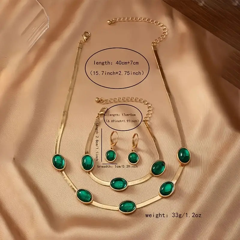 BlushMint Oval Green Crystal Pendant Necklace Set With Bracelet